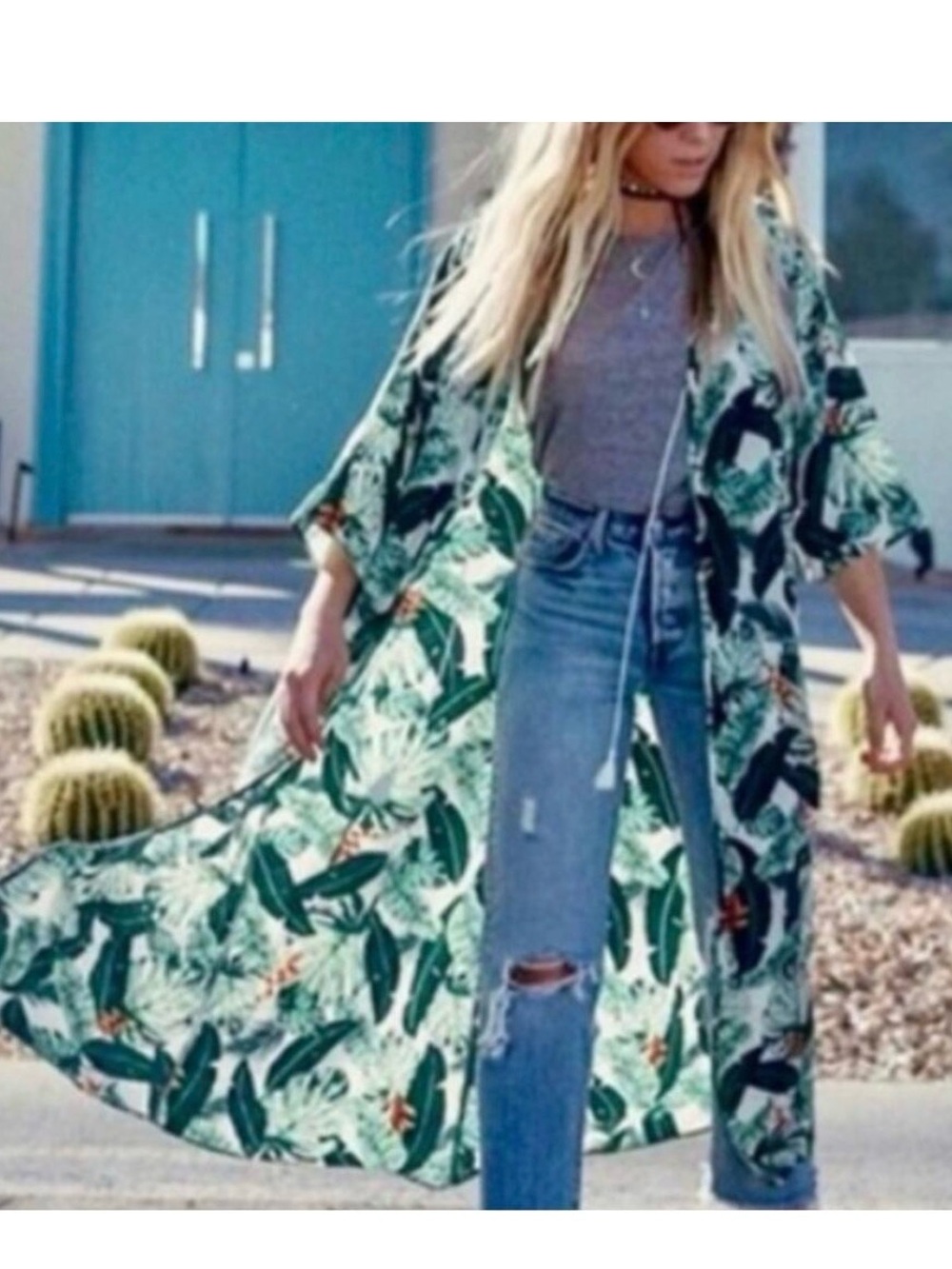 RACHEL ZOE • Palm Print Duster Kaftan Jacket in a Beautiful Tropical Palm Print - Picture 6 of 16